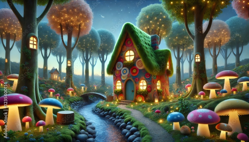 Naklejka premium Whimsical fairytale cottage nestled in an enchanted forest at twilight