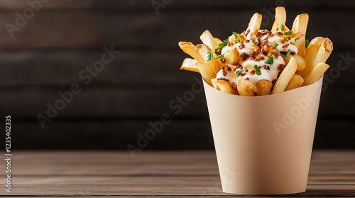 A delicious serving of classic Canadian poutine, topped with melted cheese curds, gravy, and fresh herbs in a paper cup.