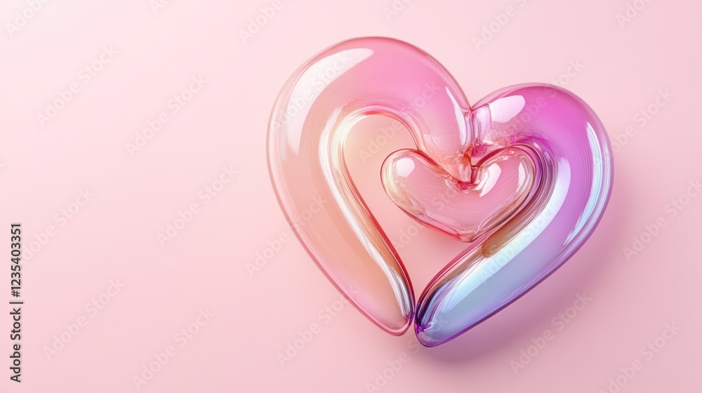 Pink iridescent glass hearts, love, Valentine's Day, minimal background, romantic greeting card Pink iridescent glass hearts, love, Valentine's Day, minimal background, romantic greeting card
