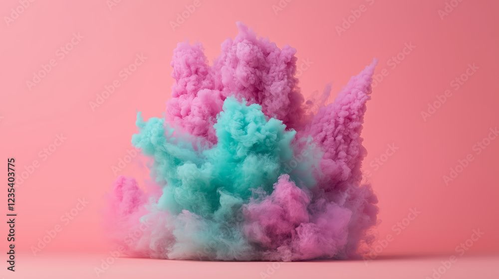 Fototapeta premium Soft pink and teal smoke clouds swirl on a pastel pink background, creating a dreamy, artistic atmosphere.