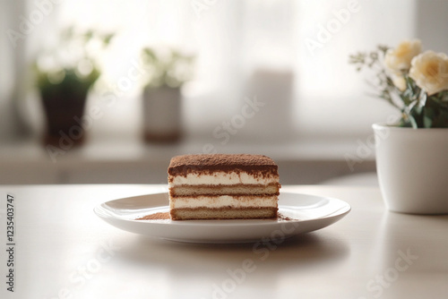 Silky tiramisu with cocoa dusting and espresso-soaked layers photo