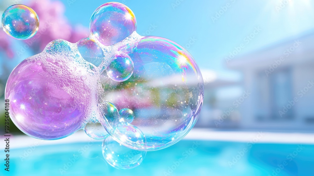 Sparkling soap bubbles float near pool, modern home background Sparkling soap bubbles float near pool, modern home background