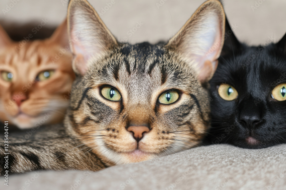 Three cats are laying on a bed, one of which is black Three cats are laying on a bed, one of which is black