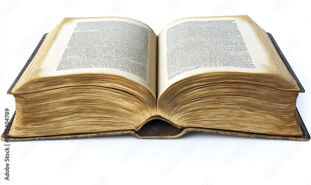 Open antique book with aged yellow pages on white background, ideal for education or history projects Open antique book with aged yellow pages on white background, ideal for education or history projects