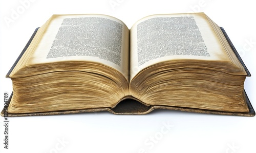 Open antique book with aged yellow pages on white background, ideal for education or history projects