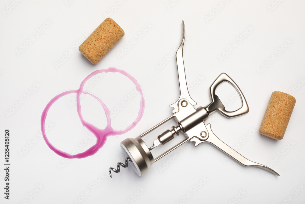 Wing corkscrew, corks and red wine stains on white background, top view Wing corkscrew, corks and red wine stains on white background, top view