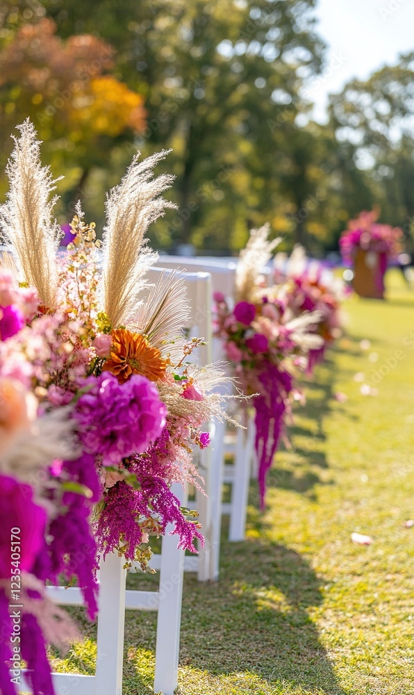 Obraz premium Outdoor wedding ceremony setup with floral aisle decorations on white chairs in a park