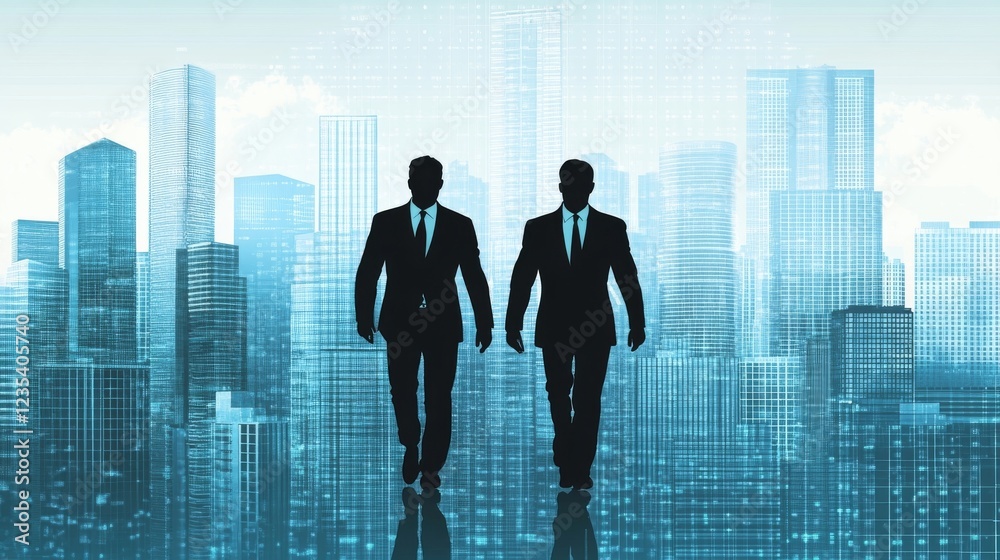 Silhouette of Two Businessmen Walking in a Futuristic Cityscape Silhouette of Two Businessmen Walking in a Futuristic Cityscape