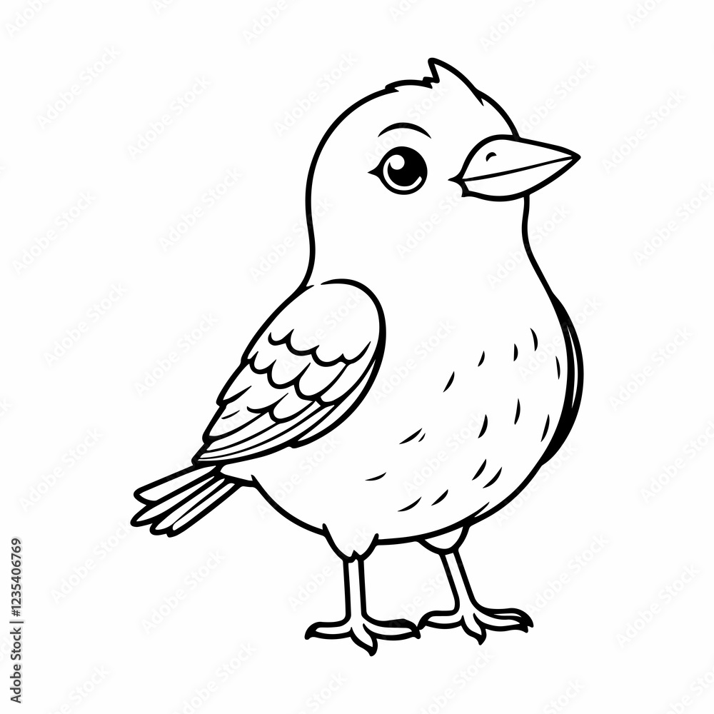 Cute Little Bird Cartoon Illustration, Black and White Cute Little Bird Cartoon Illustration, Black and White