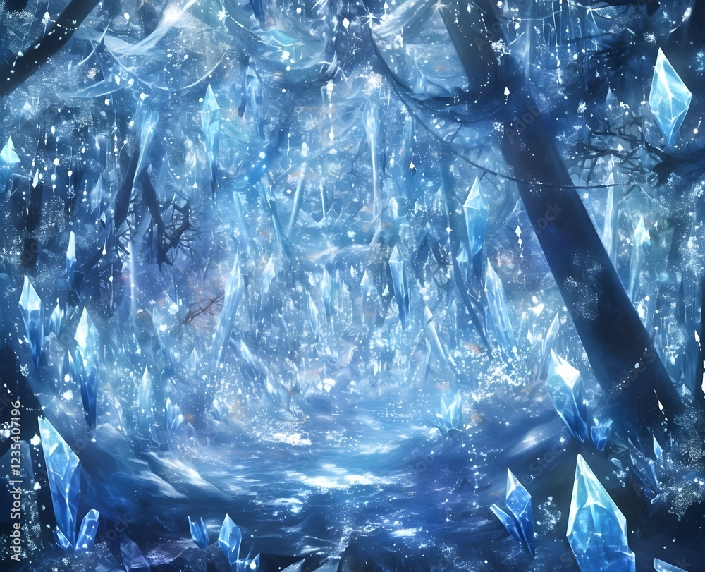 A magical winter candyland of twinkling lights and brightly colored blue rock candies A magical winter candyland of twinkling lights and brightly colored blue rock candies