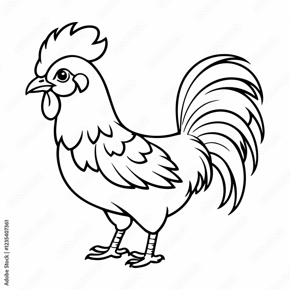 Rooster Illustration: Black and White Line Art, Farm Animal Rooster Illustration: Black and White Line Art, Farm Animal