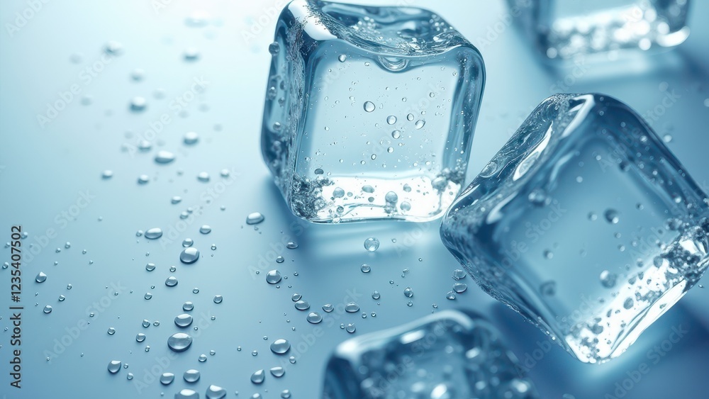 Single melting ice cube with water droplets on a reflective wet surface Single melting ice cube with water droplets on a reflective wet surface