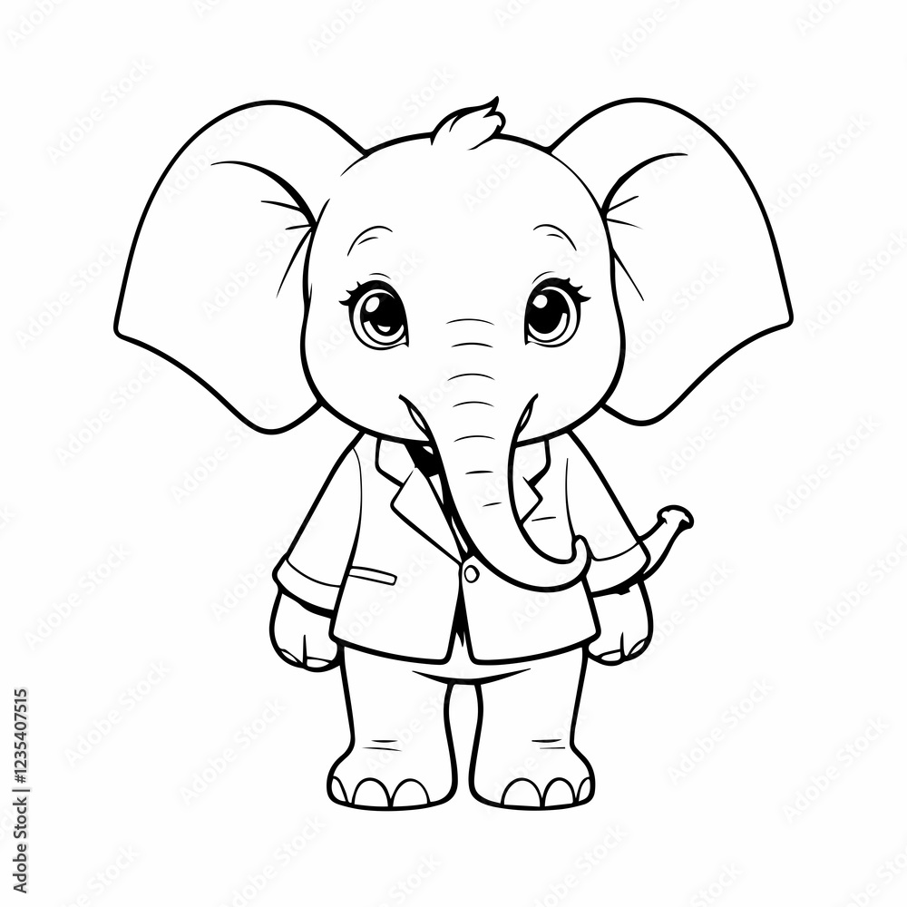 Fototapeta premium Cute Cartoon Elephant in Suit, Black and White Illustration
