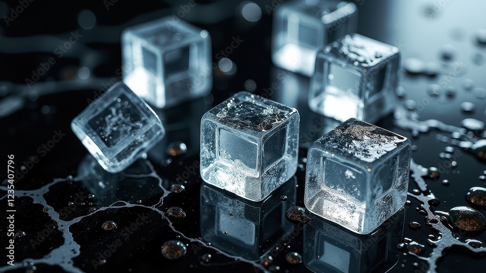 Melting ice cubes with water droplets on a black marble surface with reflections Melting ice cubes with water droplets on a black marble surface with reflections