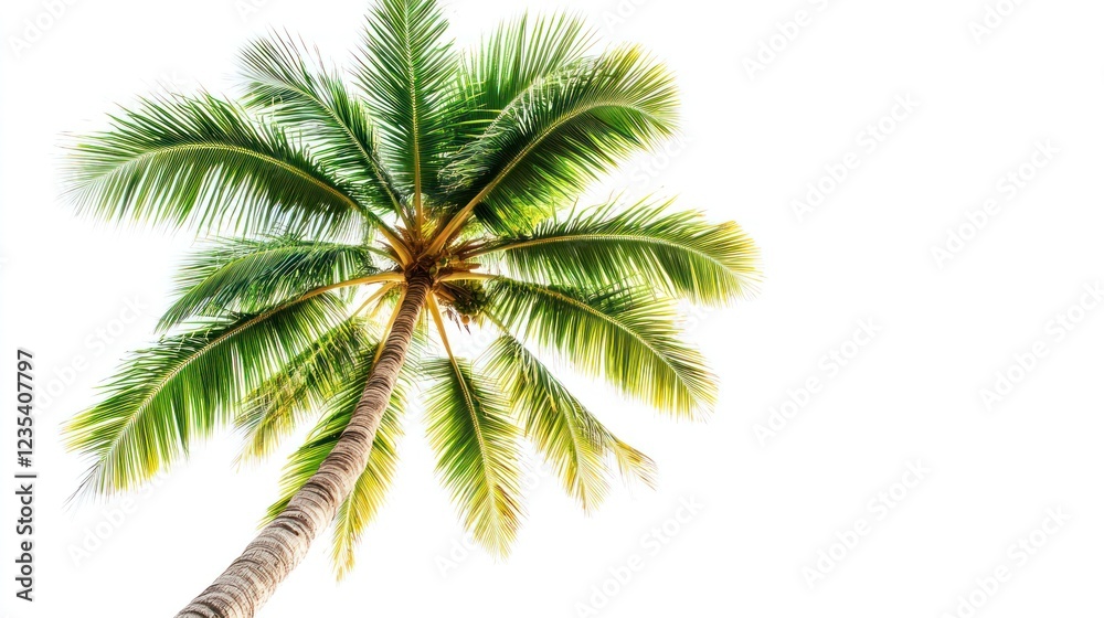 Naklejka premium High-resolution photograph of a realistic coconut palm tree, isolated on a pure white background, cut out from transparent glass, no shadows or reflections, 