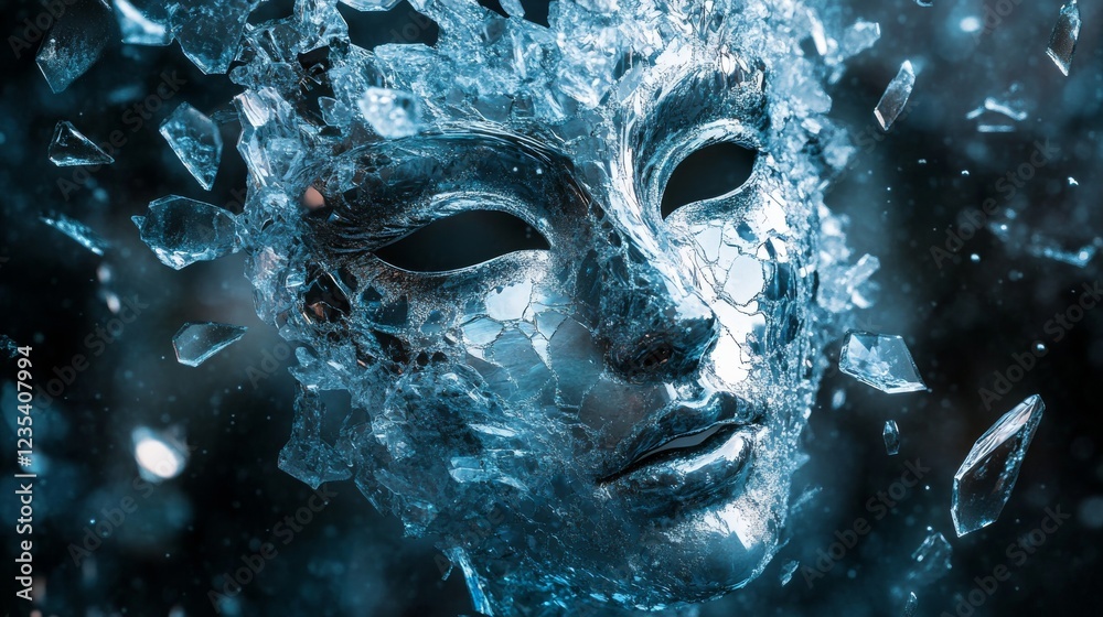 Naklejka premium A hauntingly beautiful scene where a crystal female mask shatters, its shards floating in a void, illuminated by cold, distant light, creating a cold, tense atmosphere.