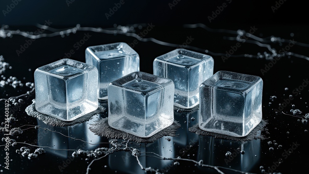 Melting ice cubes with water droplets on a black marble surface with reflections Melting ice cubes with water droplets on a black marble surface with reflections