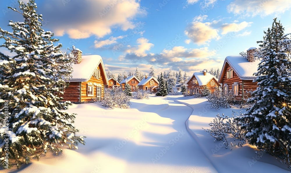 Fototapeta premium Snowy village with wooden cabins at sunset