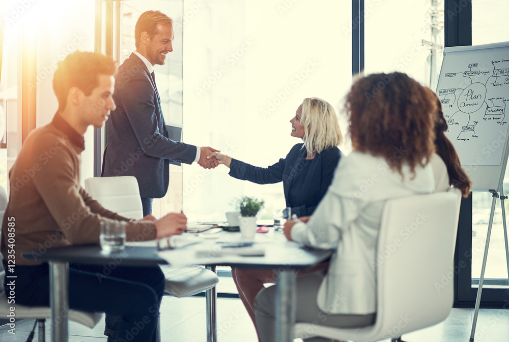 Obraz premium Welcome, business people and manager with handshake in office, meeting and b2b deal in accounting firm. Flare, employees and accountants with shaking hands for partnership, introduction and greeting