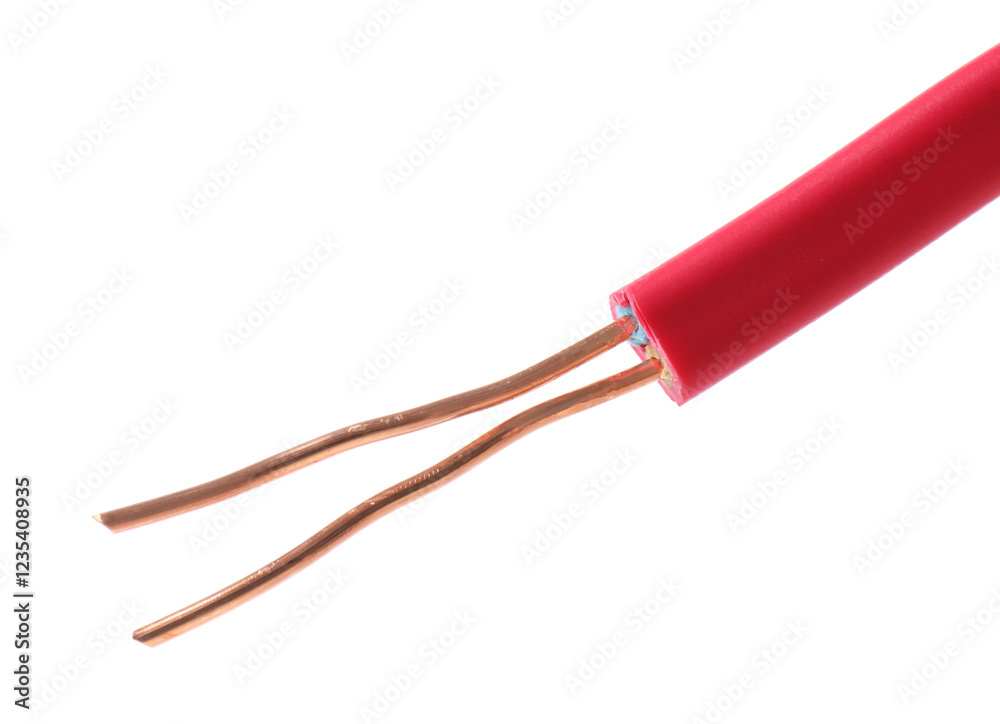 Stripped electrical wire with copper strands on white background Stripped electrical wire with copper strands on white background