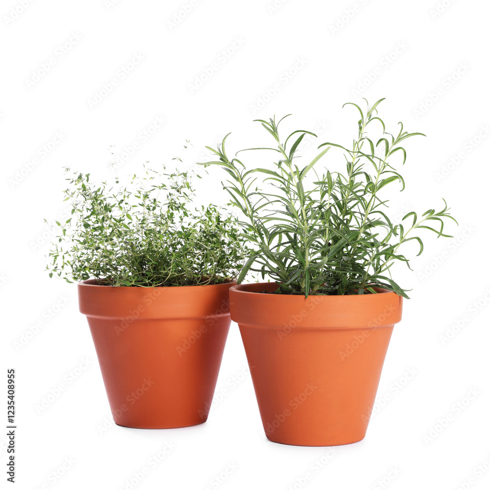 Obraz premium Aromatic herbs in pots isolated on white