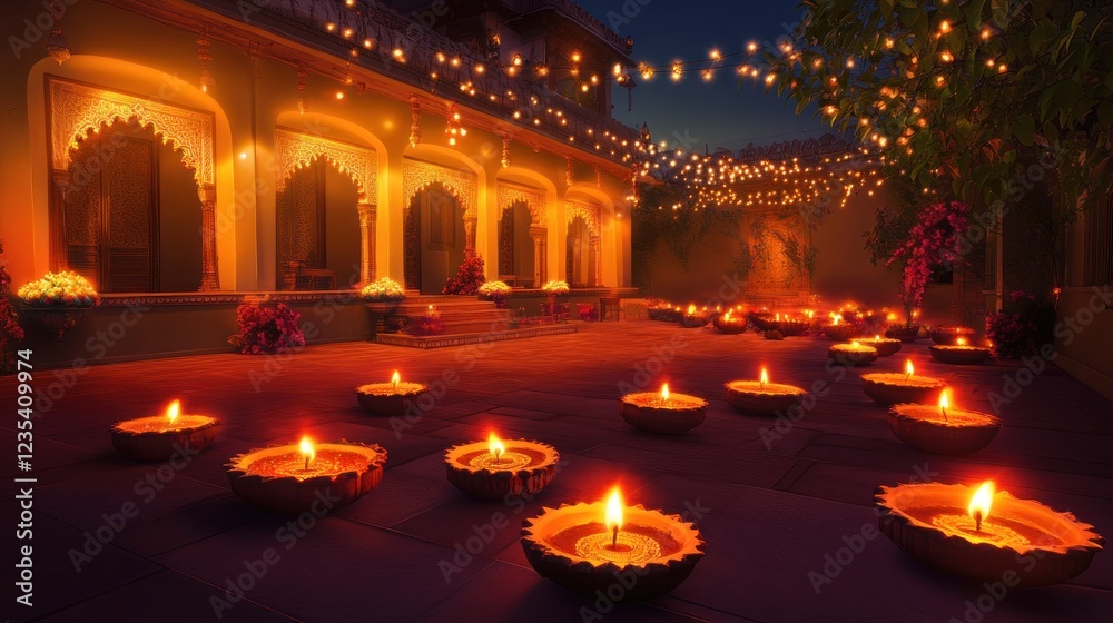 Obraz premium Lit Diyas Illuminate a Courtyard of an Ornate Building at Night