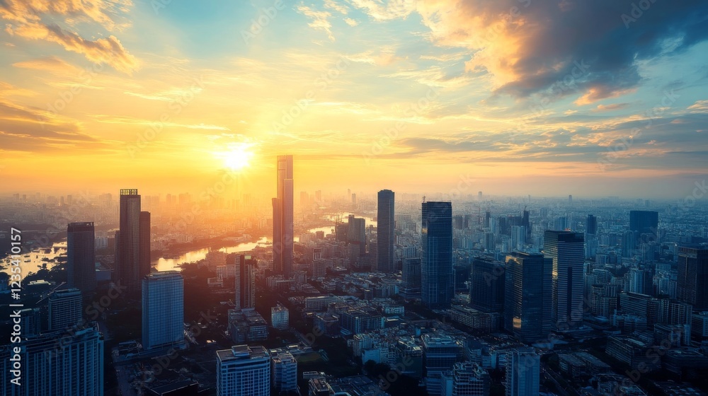 Fototapeta premium Stunning Sunset over Bangkok's Cityscape: A Breathtaking Panorama