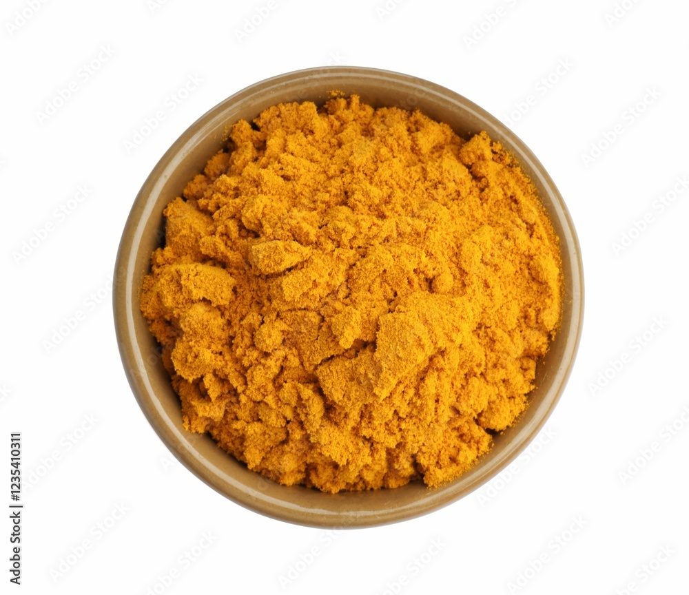Turmeric powder in bowl isolated on white, top view Turmeric powder in bowl isolated on white, top view