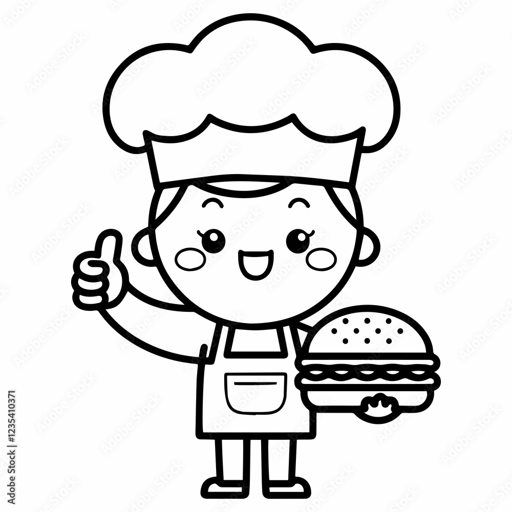Cute Cartoon Chef Holding a Delicious Burger, Thumbs Up Cute Cartoon Chef Holding a Delicious Burger, Thumbs Up