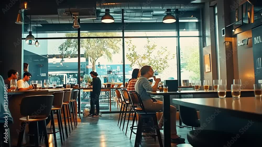 Busy café scene with people enjoying drinks and working on laptops, bright atmosphere Busy café scene with people enjoying drinks and working on laptops, bright atmosphere