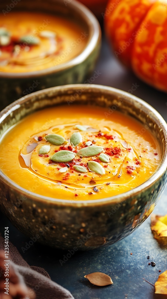 Pumpkin soup with cream and spices on a dark background