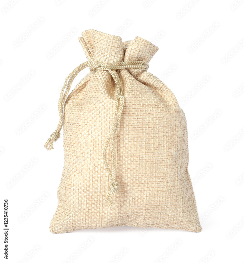 One beige burlap sack isolated on white One beige burlap sack isolated on white