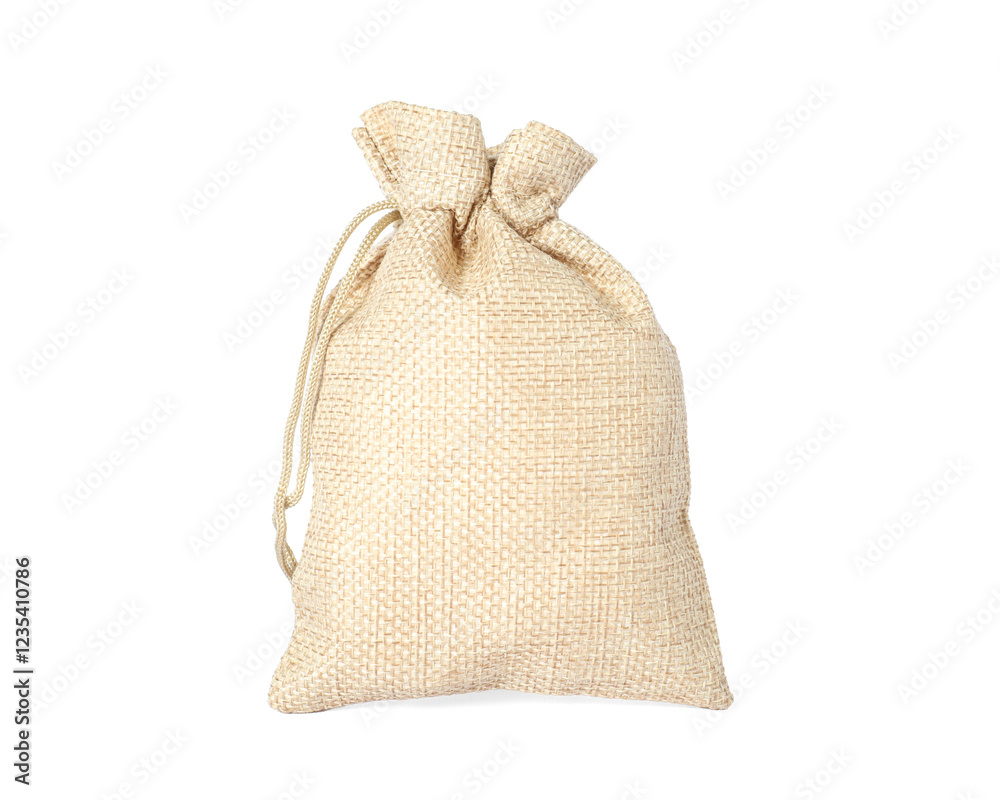 One beige burlap sack isolated on white One beige burlap sack isolated on white