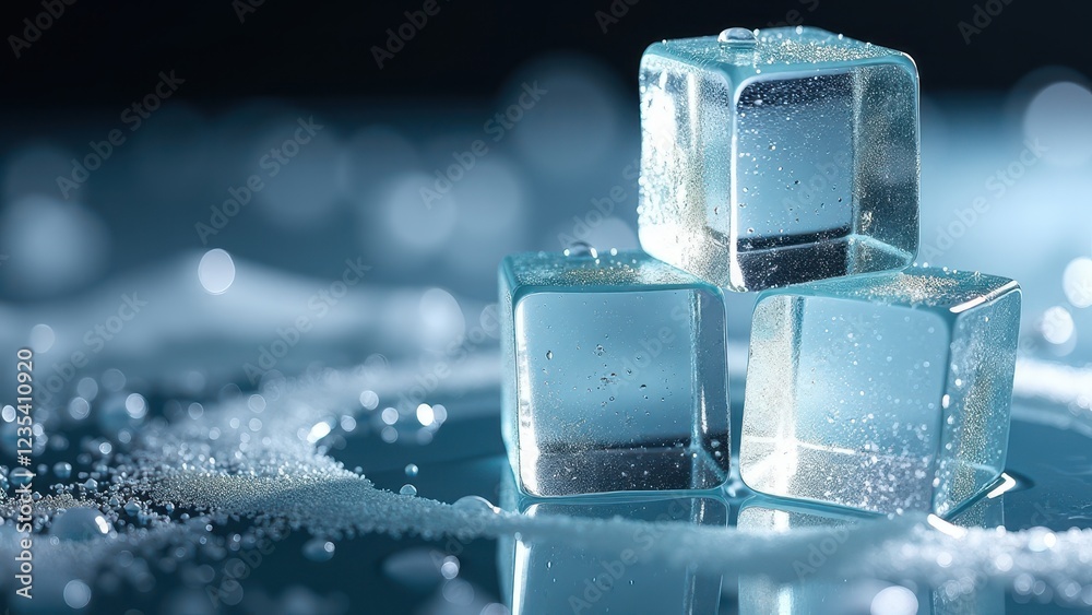 Close-up of melting ice cubes with water droplets on a reflective wet surface Close-up of melting ice cubes with water droplets on a reflective wet surface
