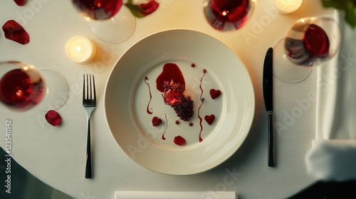 A romantic dinner setting with a beautifully plated dish, surrounded by rose petals, candles, and elegant glassware.