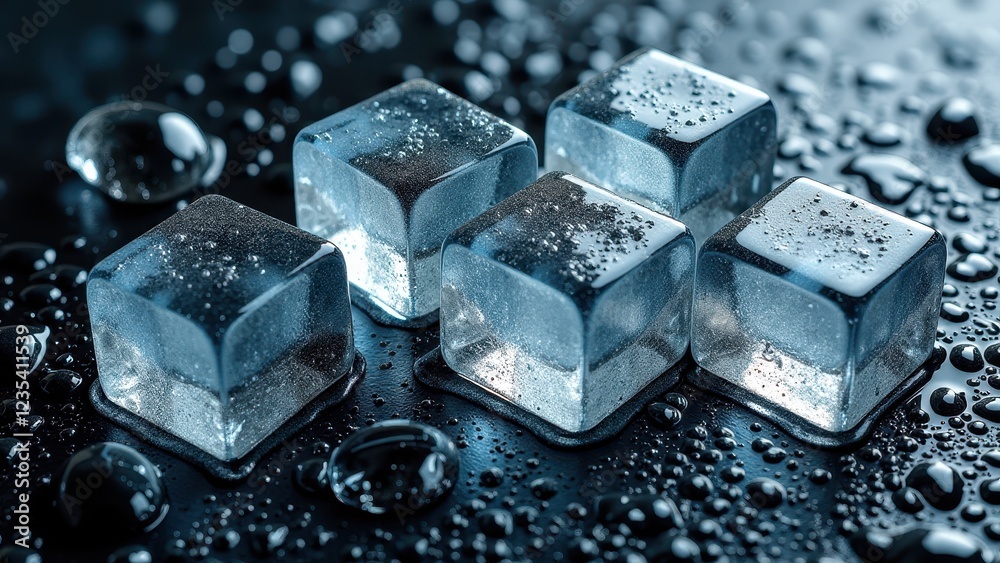 Melting ice cubes with water droplets on a dark wet surface in moody lighting Melting ice cubes with water droplets on a dark wet surface in moody lighting