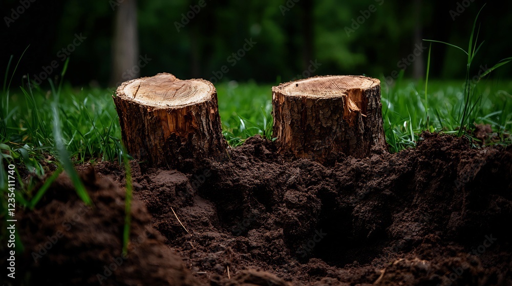 Two Tree Stumps in Lush Green Grass Two Tree Stumps in Lush Green Grass