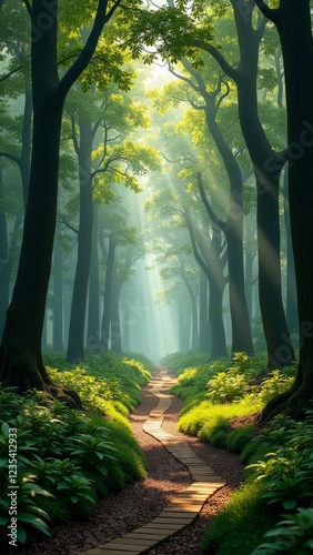 A serene forest path, bathed in sunlight, beckoning tranquility photo