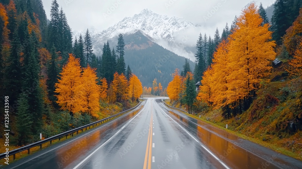 Rainy autumn road through mountain forest (1)