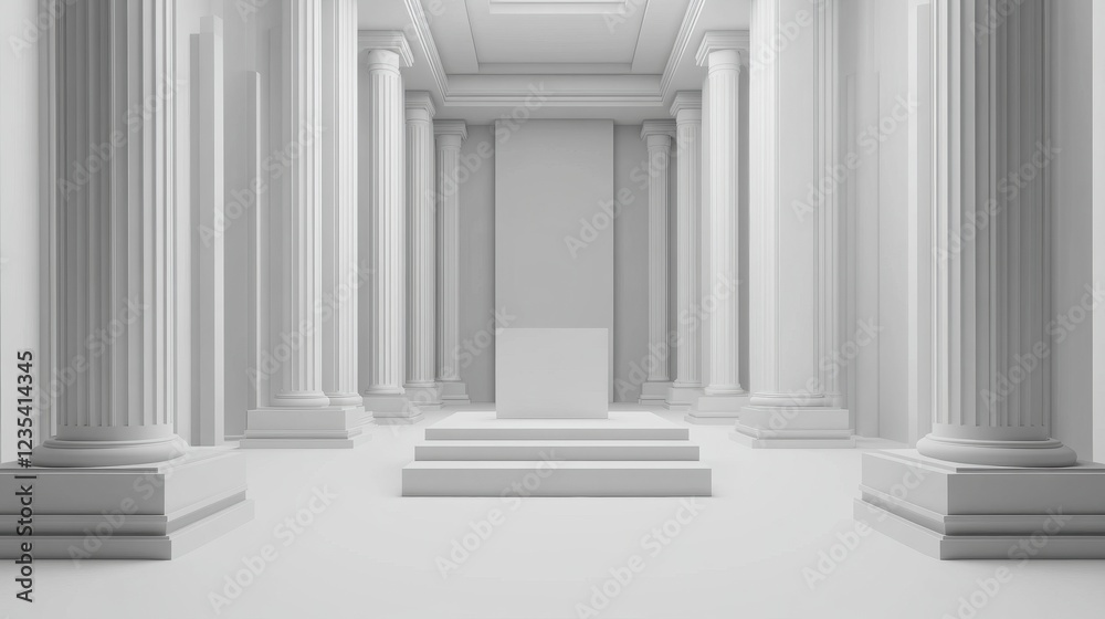 A minimalistic white hall with classical columns and a platform A minimalistic white hall with classical columns and a platform