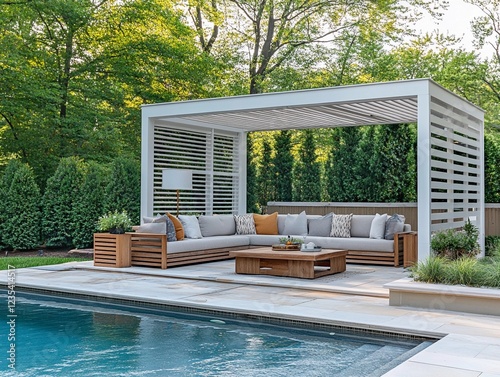 Luxurious outdoor lounge with modern pergola, cozy sectional sofa, wooden accents, and a serene pool in a lush green backyard
