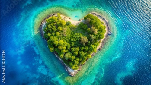Aerial View of a Heart-Shaped Island Paradise in a Vibrant Ocean