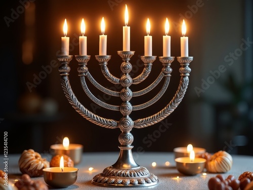 A traditional Jewish candelabrum with seven branches, used for Hanukkah photo