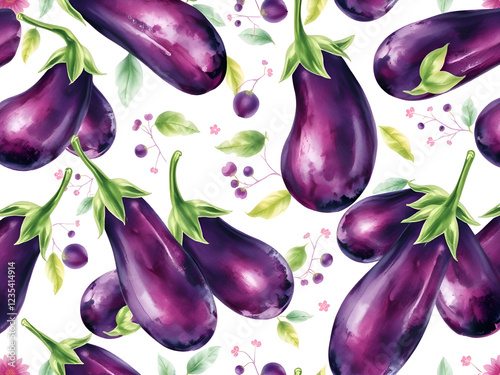 Watercolor pattern with vegetables. Painted food items: eggplant. A composition for the design of postcards, banners, and festive decor.