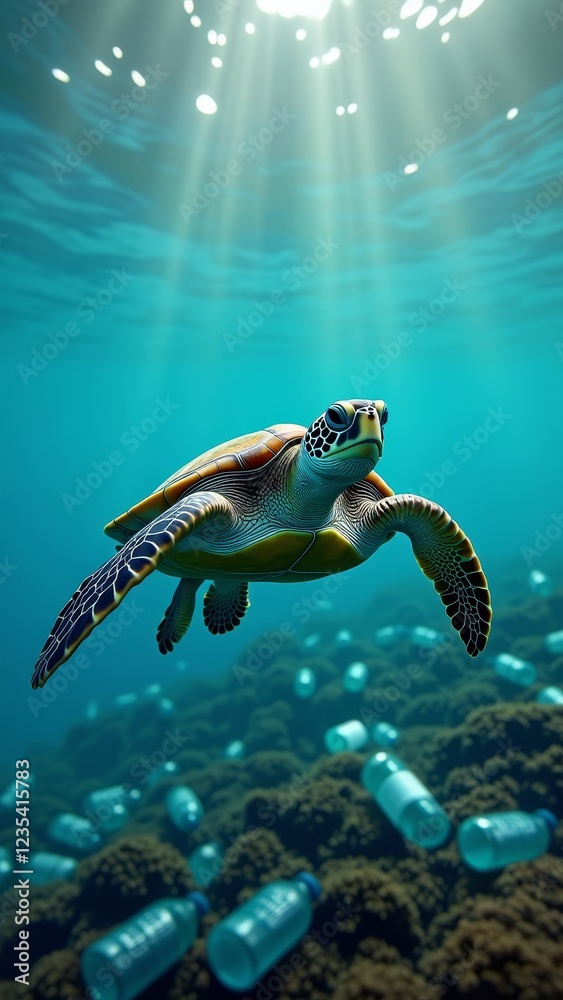 Fototapeta premium A sea turtle swimming through a sea of plastic bottles