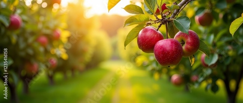 A vibrant red apple on a tree branch, surrounded by lush green leaves