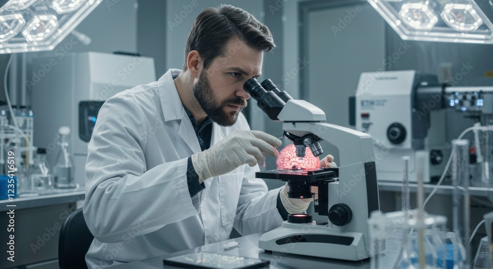 Scientist at Work: A focused scientist in a modern laboratory meticulously examines a specimen through a high-powered microscope, his expertise and dedication evident in every detail. Scientist at Work: A focused scientist in a modern laboratory meticulously examines a specimen through a high-powered microscope, his expertise and dedication evident in every detail.
