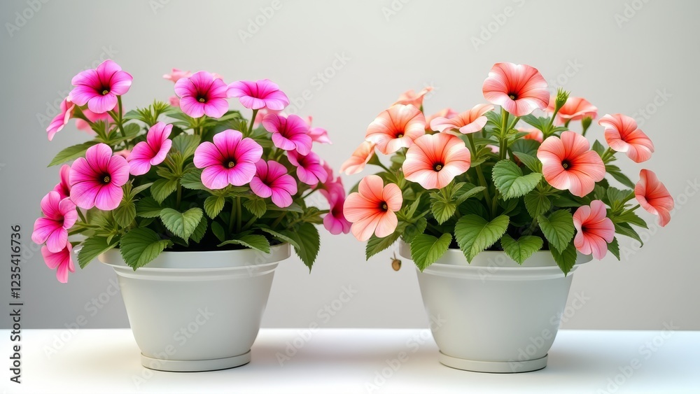 Vibrant flowers in white pots, showcasing a harmonious blend of pink and orange hues Vibrant flowers in white pots, showcasing a harmonious blend of pink and orange hues