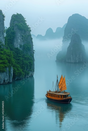 Tranquil boat gliding through misty waters of limestone karsts during early morning