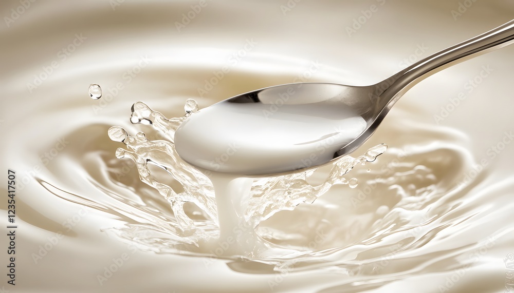 A spoon lifts creamy milk creating a splash A spoon lifts creamy milk creating a splash